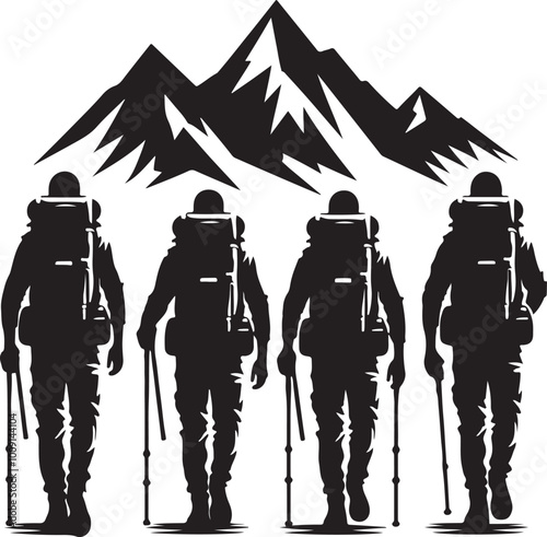 mountaineer climber hiker people, vector silhouette collection. Hiker Silhouettes. hiking man with rucksacks silhouette.