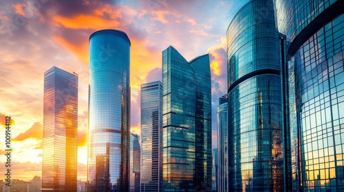 A stunning sunset illuminates a cityscape of towering skyscrapers.