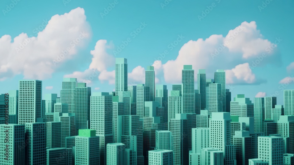 A vibrant city skyline with turquoise buildings under a clear blue sky, dotted with fluffy white clouds. A vibrant city skyline with turquoise buildings under a clear blue sky, dotted with fluffy white clouds.