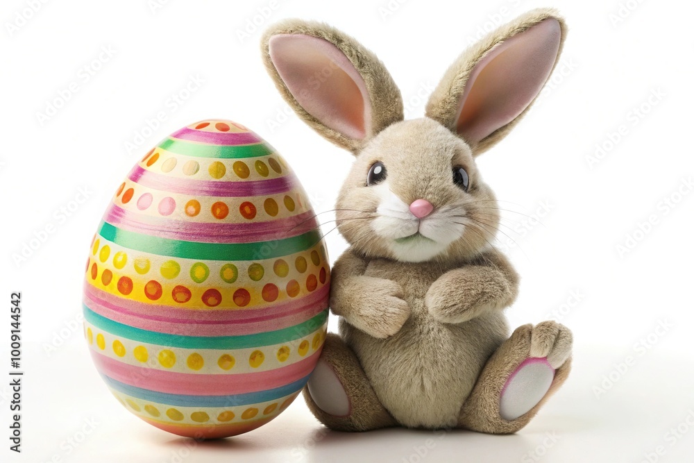 Easter bunny holding a large Easter egg on white background at a tilted angle Easter bunny holding a large Easter egg on white background at a tilted angle