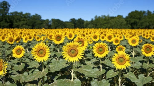 A field of sunflowers in full bloom, with a blue sky and green trees in the background.
