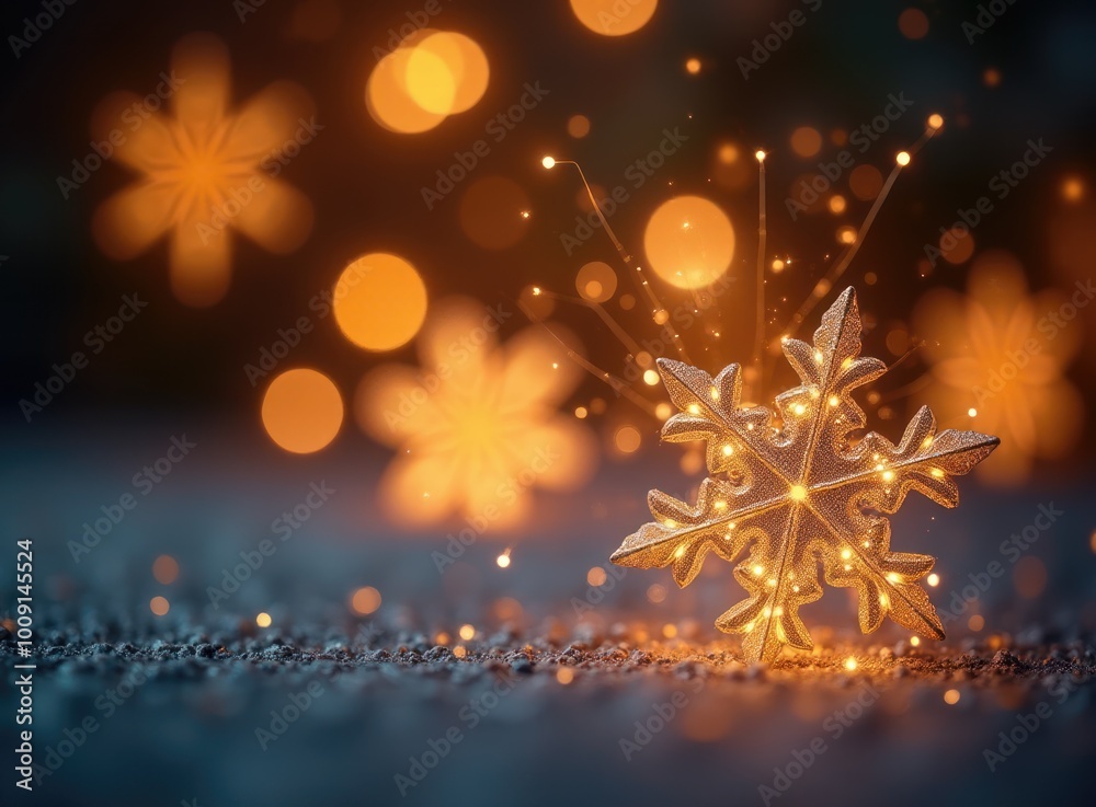 Christmas or New Year snowflake toy on festive background with bokeh lights Christmas or New Year snowflake toy on festive background with bokeh lights