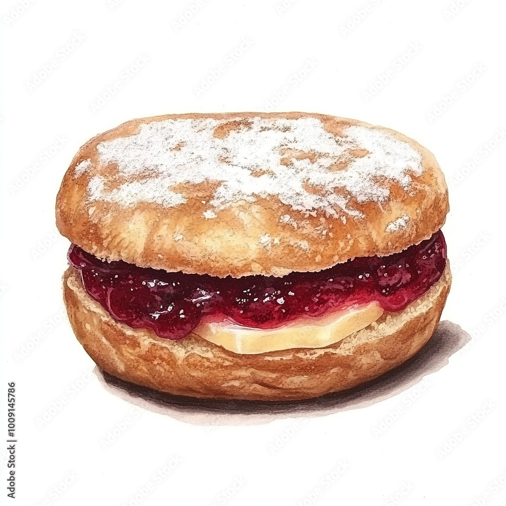 A detailed illustration of a jam-filled pastry dusted with powdered sugar. A detailed illustration of a jam-filled pastry dusted with powdered sugar.