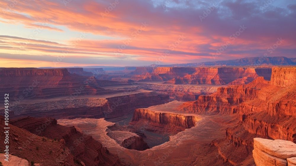 A panoramic view of a canyon at sunset, with a vibrant sky and red rock formations. A panoramic view of a canyon at sunset, with a vibrant sky and red rock formations.
