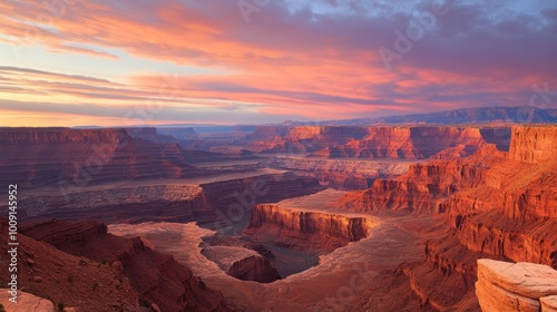 A panoramic view of a canyon at sunset, with a vibrant sky and red rock formations.