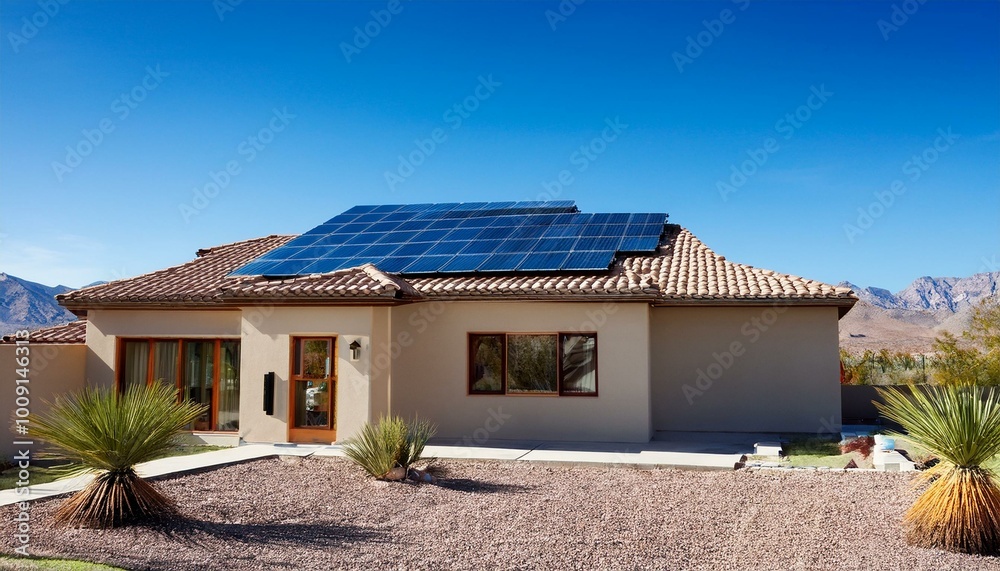 Modern house with solar panels on the roof with clear sky blue sky, background Modern house with solar panels on the roof with clear sky blue sky, background