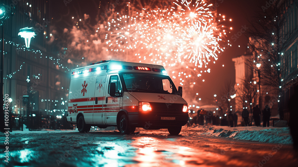 Celebrating New Year's Eve With Fireworks Illuminating the Winter City Streets and an Emergency Vehicle Overseeing the Festivities