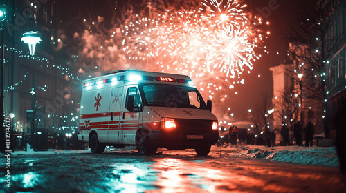 Obraz na płótnie Celebrating New Year's Eve With Fireworks Illuminating the Winter City Streets and an Emergency Vehicle Overseeing the Festivities w salonie
