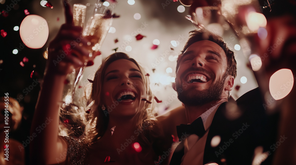 Joyful New Year's Eve Celebration With Elegant Partygoers Toasting in Exuberance at a Glamorous Countdown Event