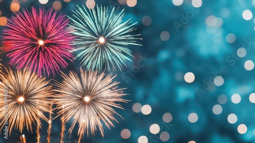 A beautiful array of colorful fireworks against a sparkling bokeh background, offering space for New Year announcements