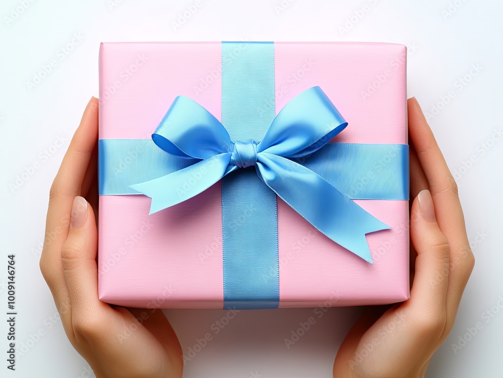 top view photo of a hand holding a pink gift box with blue bow top view photo of a hand holding a pink gift box with blue bow