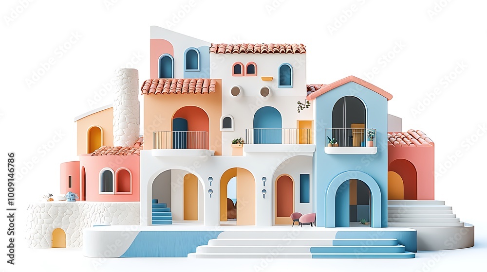 Fototapeta premium A 3D render of colorful Mediterranean architecture, complete with balconies and arches.