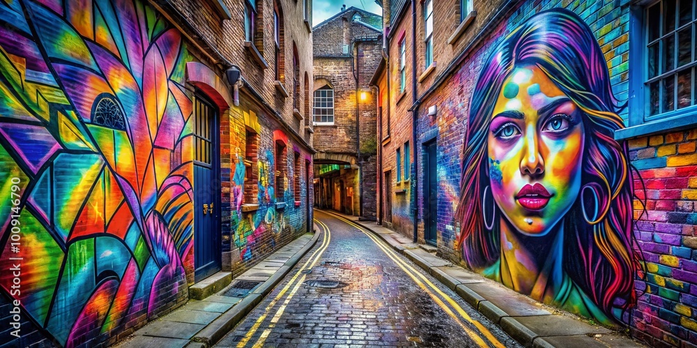 Fototapeta premium Colorful Graffiti Art in a Narrow Alleyway of Cambridge Showcasing Urban Street Culture and Creativity
