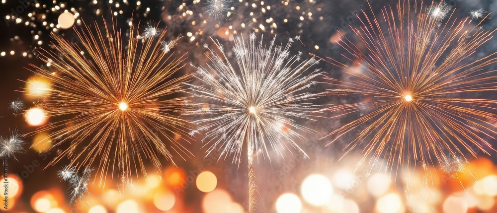 Fototapeta premium A bright display of fireworks accompanied by a soft bokeh glow, creating a joyful New Years Eve atmosphere