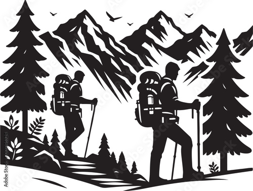 mountaineer climber hiker people, vector silhouette collection. Hiker Silhouettes. hiking man with rucksacks silhouette.