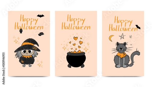 Halloween holiday vector cards with cute witch, stars, potion pot, cat. Vector illustrations for posters, flyers and social networks.