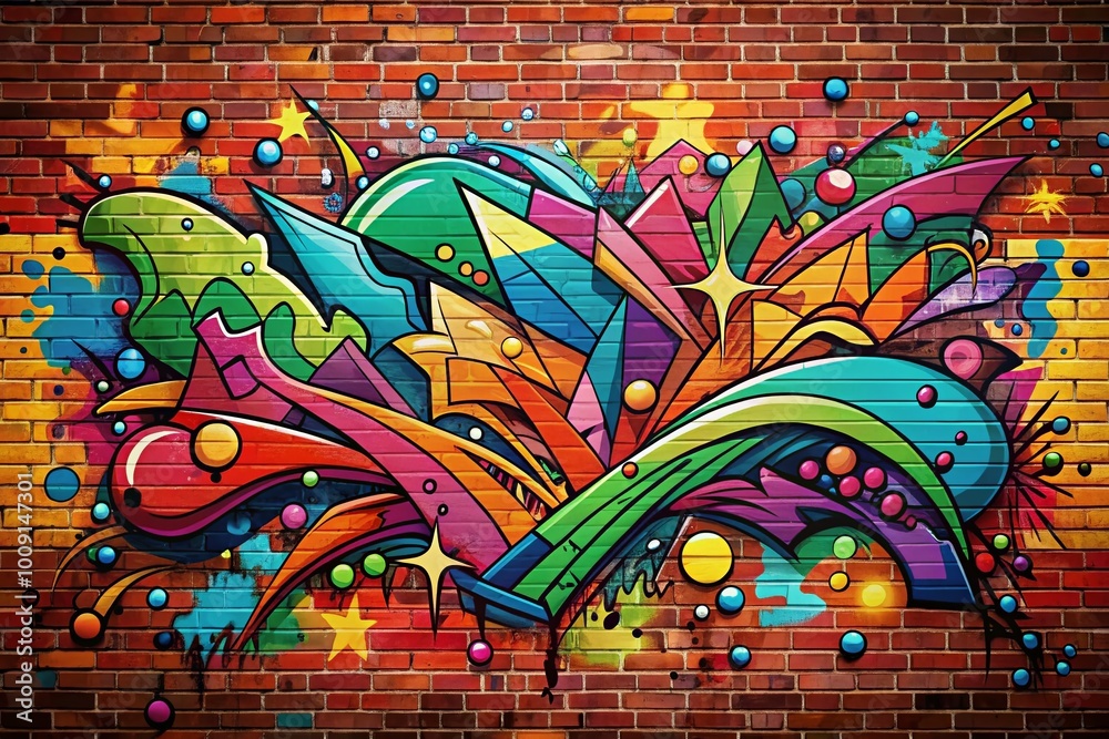 Obraz premium Colorful Graffiti Wall Vector Design Featuring Urban Art Elements and Abstract Patterns on Brick Background