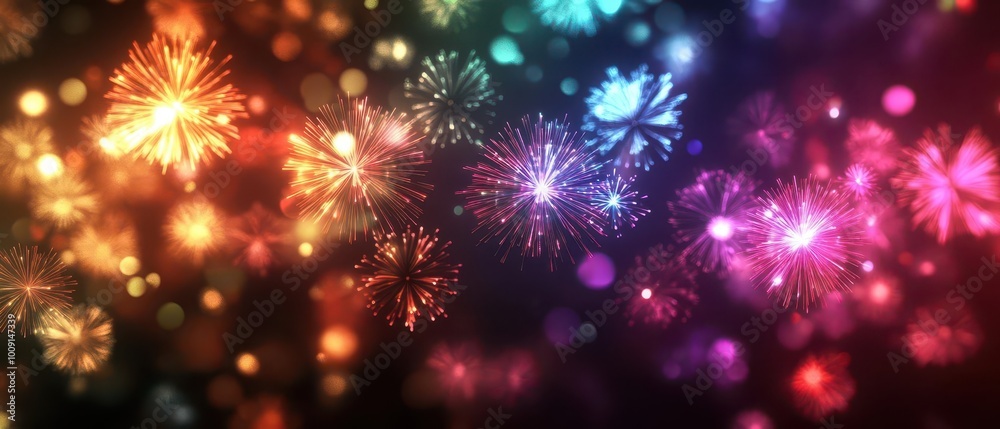Naklejka premium A variety of colorful fireworks surrounded by a warm bokeh glow, setting a festive and abstract scene for any celebration