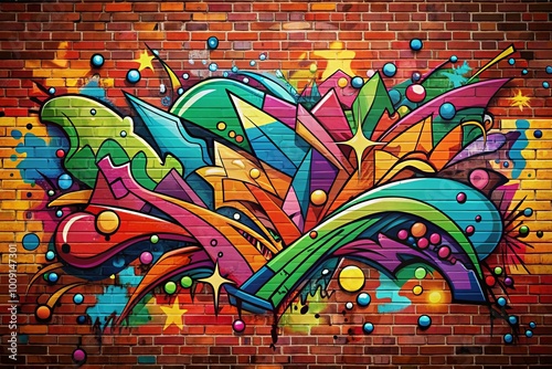 Colorful Graffiti Wall Vector Design Featuring Urban Art Elements and Abstract Patterns on Brick Background