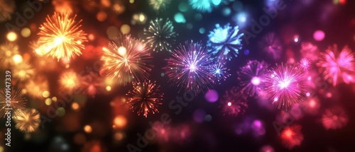 A variety of colorful fireworks surrounded by a warm bokeh glow, setting a festive and abstract scene for any celebration