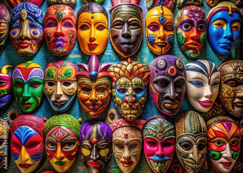 Colorful graphic face masks in a creative arrangement showcasing unique designs and patterns