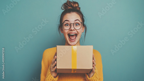 An excited woman holds a cardboard parcel, thrilled to receive her online purchase at home. She is satisfied with the delivery and her internet shopping experience.
