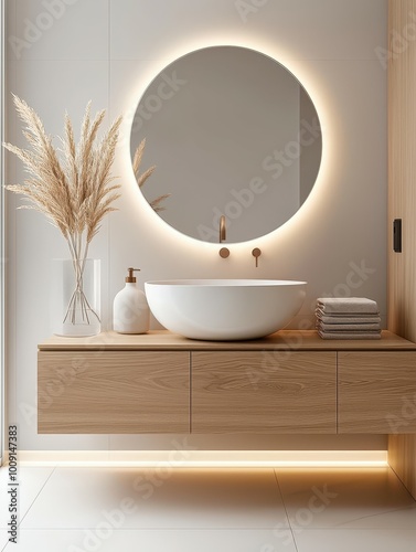 Modern bathroom with a round mirror, wooden vanity, and a white porcelain sink.