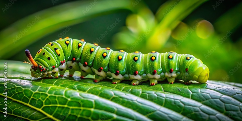 Colorful green caterpillar resting on a vibrant green leaf in a lush natural environment Colorful green caterpillar resting on a vibrant green leaf in a lush natural environment