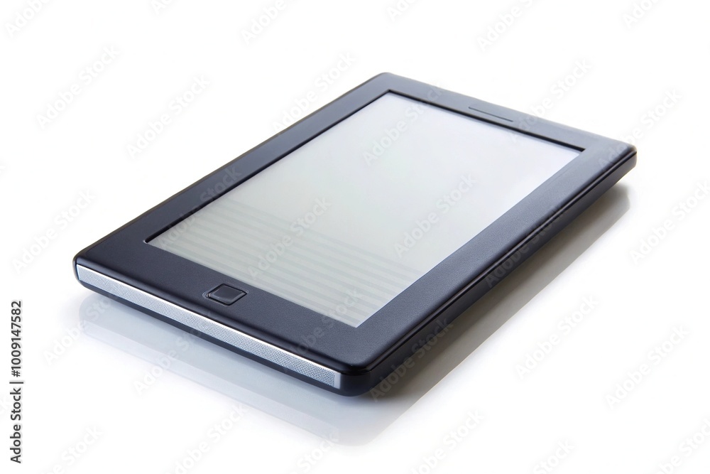 Ebook reader tilted at an angle over white background Ebook reader tilted at an angle over white background