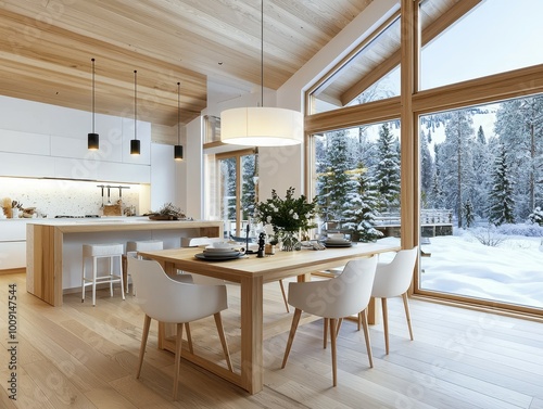 Modern dining room with snowy view.