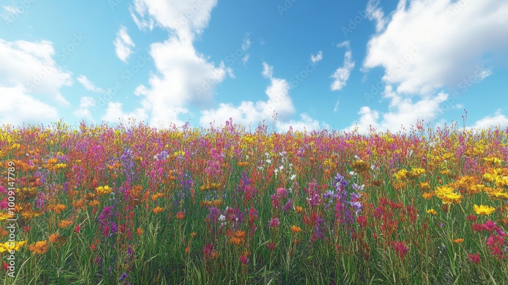 A vibrant field of wildflowers blooms under a clear blue sky. A vibrant field of wildflowers blooms under a clear blue sky.