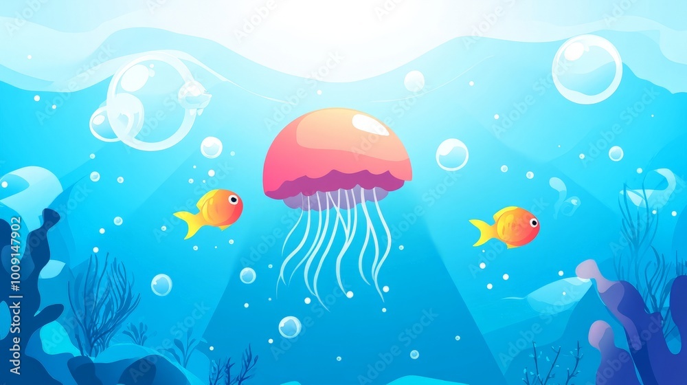 An underwater scene with a jellyfish, two fish, and bubbles, set against a blue background with sunlight shining down. An underwater scene with a jellyfish, two fish, and bubbles, set against a blue background with sunlight shining down.