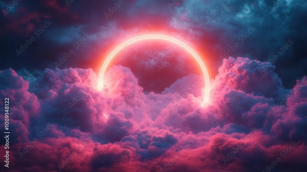 neon ring encircling a fluffy blue and pink cloud set against a deep black background creating an ethereal and futuristic vibe that blends whimsy with a touch of cosmic wonder in a 3d style