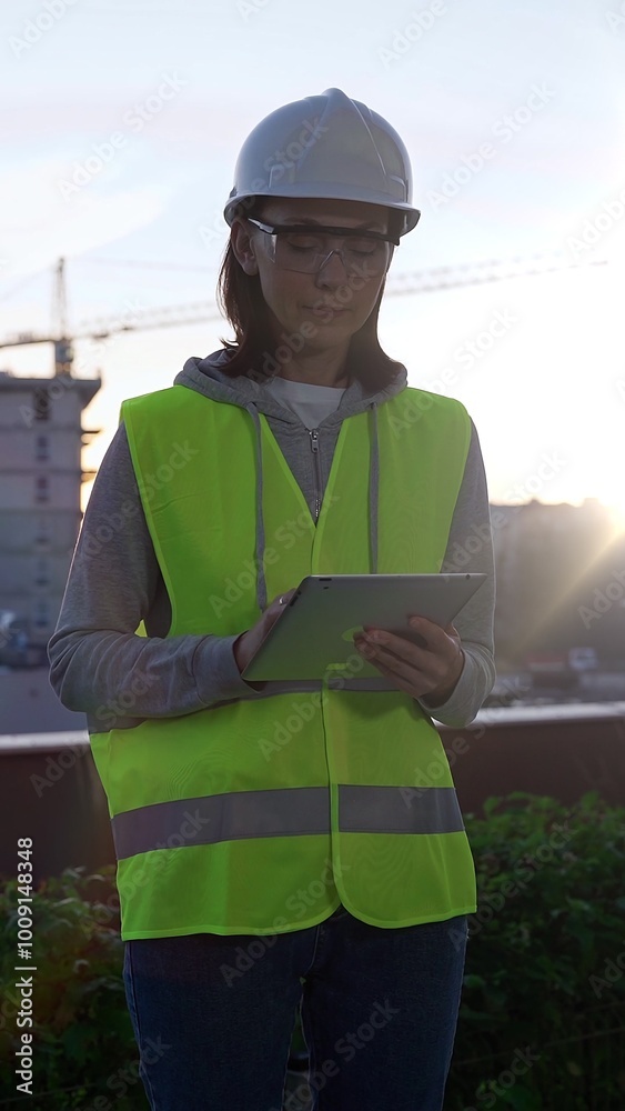 Female architect or engineer wearing safety hard hat and vest holding digital tablet while inspecting a construction site at sunrise in early morning, front vertical view. Architecture concept