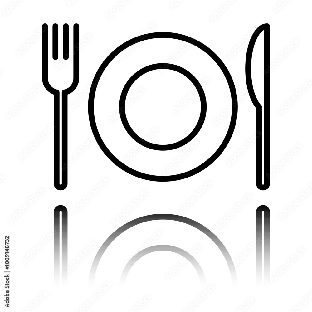Restaurant, fork knife plate simple icon. Flat design. Black icon with mirror reflection. White background Restaurant, fork knife plate simple icon. Flat design. Black icon with mirror reflection. White background
