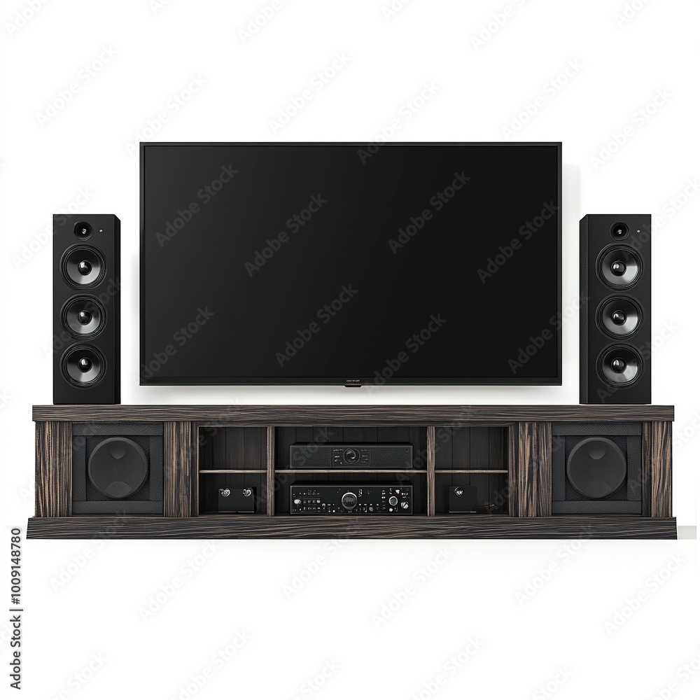 Modern entertainment center with a TV and audio system for home viewing. Modern entertainment center with a TV and audio system for home viewing.