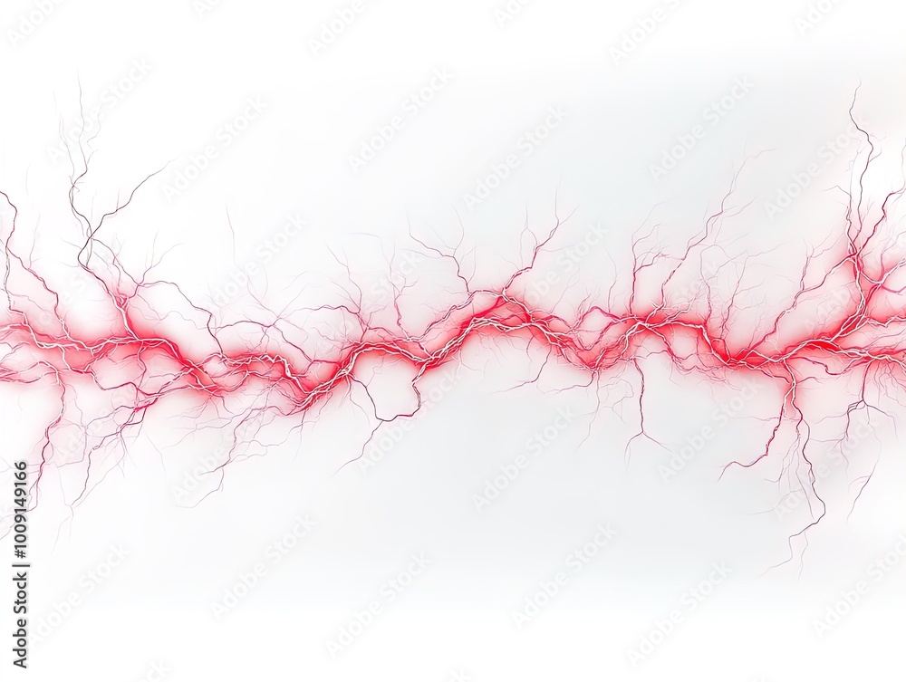 Dynamic Red Lightning Bolt Art: A Striking Poster for Sports Interiors, Featuring Intricate Vein-Like Patterns Against a Crisp White Canvas Dynamic Red Lightning Bolt Art: A Striking Poster for Sports Interiors, Featuring Intricate Vein-Like Patterns Against a Crisp White Canvas