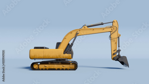 yellow excavator on a light blue background. 3D Rendering.