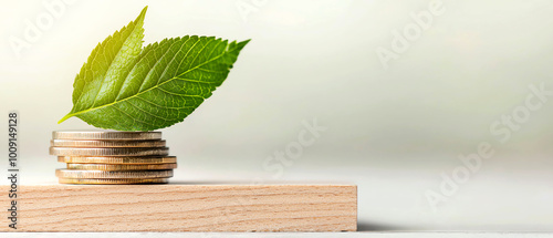 Fresh green leaf resting on a stack of coins, symbolizing the relationship between nature and finance, set on a light background. photo