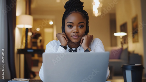 Young Black woman participates in a virtual video call while working remotely from home, highlighting diversity and inclusion in the workplace.

