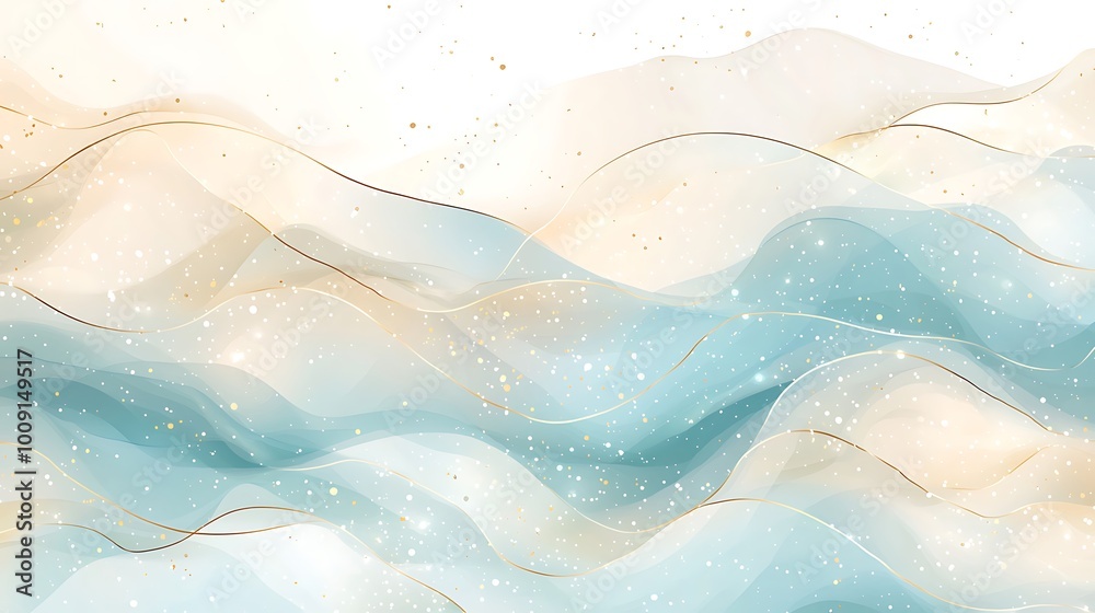 Obraz premium Abstract blue and gold watercolor swirls with wavy lines and glitter, blending cool tones with shimmer.