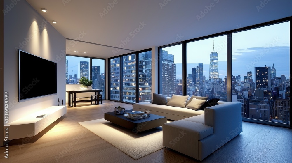 A modern living room with a stunning view of the city skyline at dusk. A modern living room with a stunning view of the city skyline at dusk.