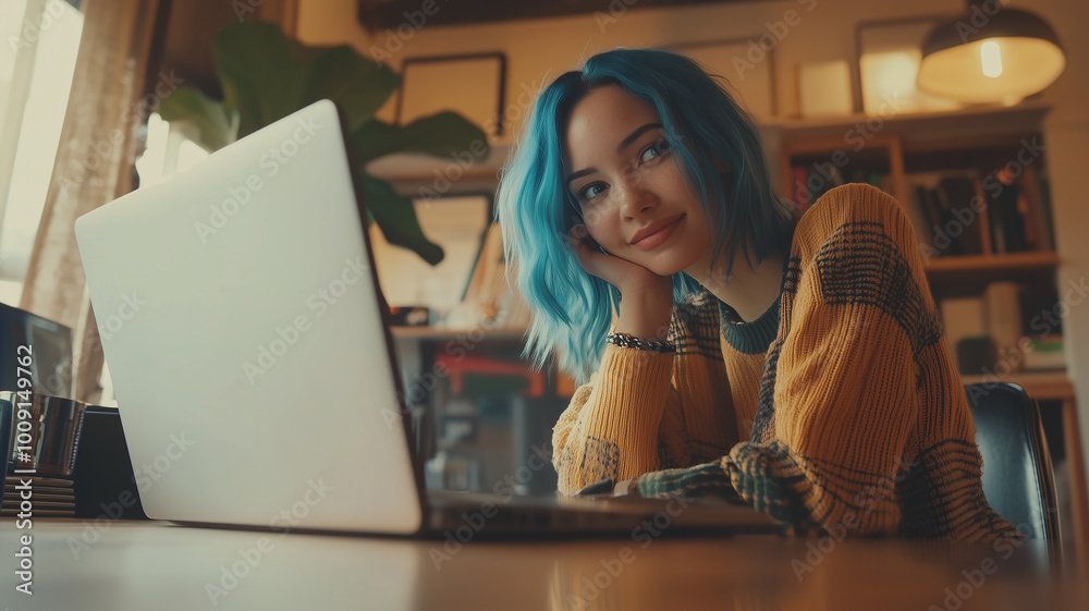 Young woman with blue hair freelancing from home, participating in a video team meeting with colleagues. Mixed-race digital nomad embracing remote work and flexible culture.
Young woman with blue hair freelancing from home, participating in a video team meeting with colleagues. Mixed-race digital nomad embracing remote work and flexible culture.
