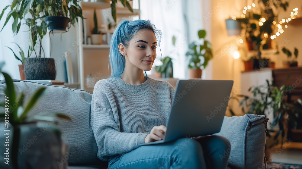 Young woman with blue hair freelancing from home, participating in a video team meeting with colleagues. Mixed-race digital nomad embracing remote work and flexible culture.
