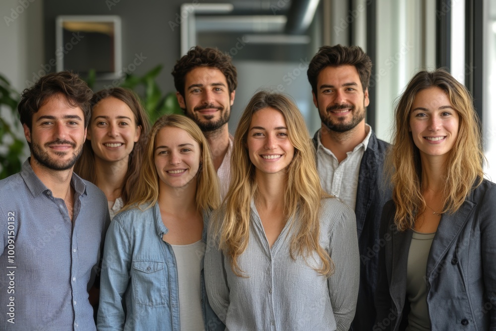 Successful team of business people smiling at the camera in a startup office, Generative AI Successful team of business people smiling at the camera in a startup office, Generative AI