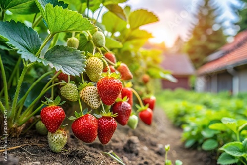 Ecologically grown strawberry bush in country house setting