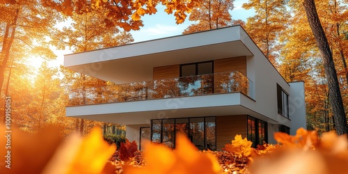 A modern two-story house with large windows and a balcony is surrounded by a vibrant autumn forest with colorful leaves, creating a picturesque and serene setting
