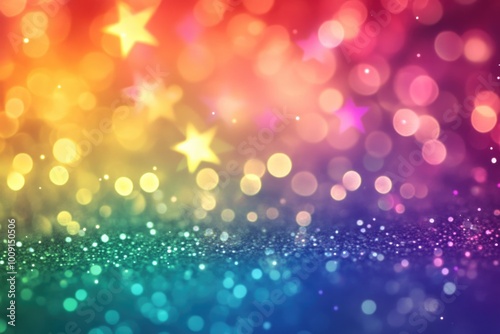 Sparkling rainbow colored festive glitter background with star shapes and bokeh lights