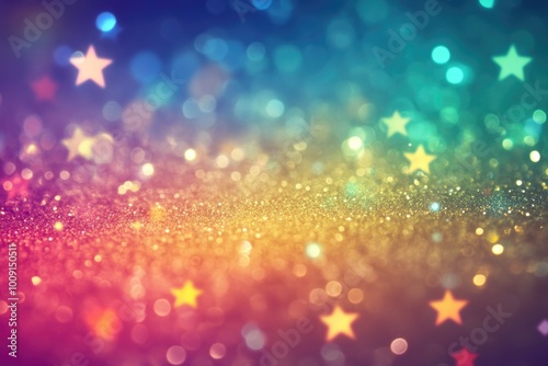 Sparkling rainbow colored festive glitter background with star shapes and bokeh lights