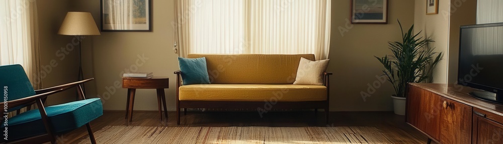A cozy living room with secondhand furniture and decor, showcasing the charm of repurposed items, soft natural lighting, [Secondhand Sunday], [eco-friendly home design], ,